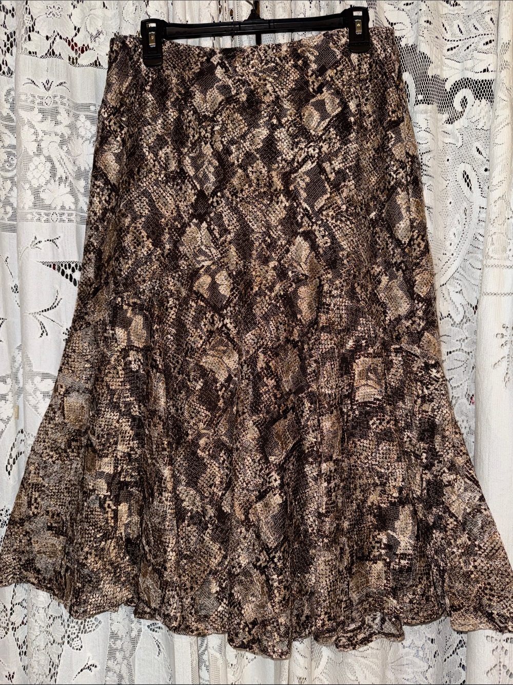 Andre Oliver Snake-Print A-Line Skirt in Brown and Tan